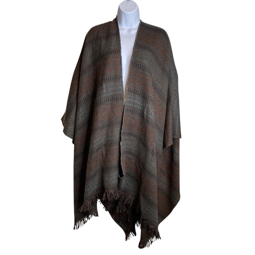Vintage 1970’s Alexander’s NYC Gray Brown Fringed Long Poncho‎ Est Size XL Boho